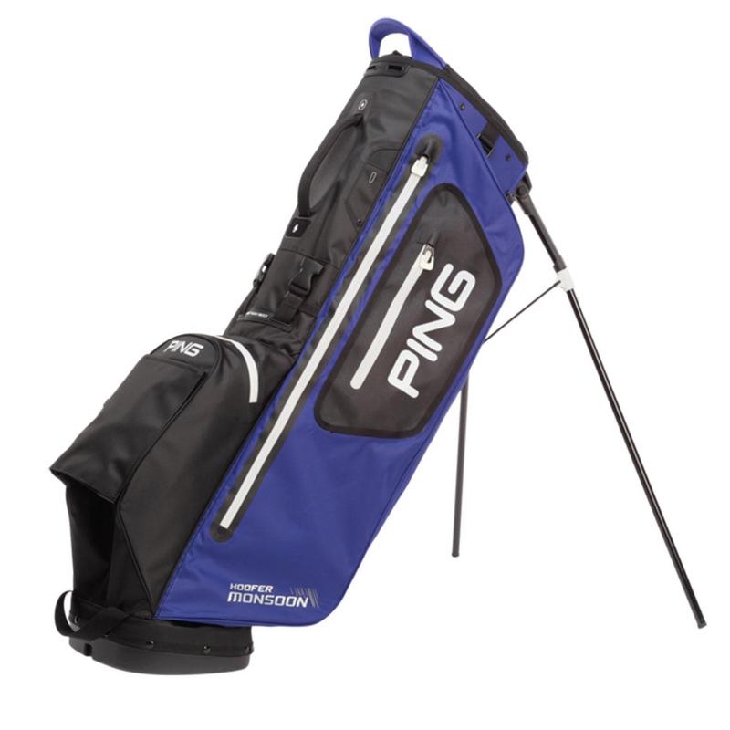 Blue and black ping hoofer 2 golf stand store bag